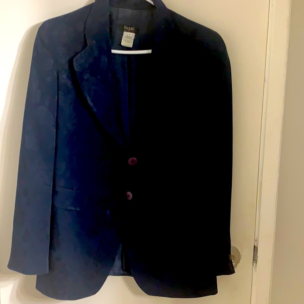 Deep navy Italian blazer with rose pattern.